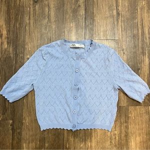 ZARA Sky Blue Pointelle Knit Crop Top Cardigan Size S